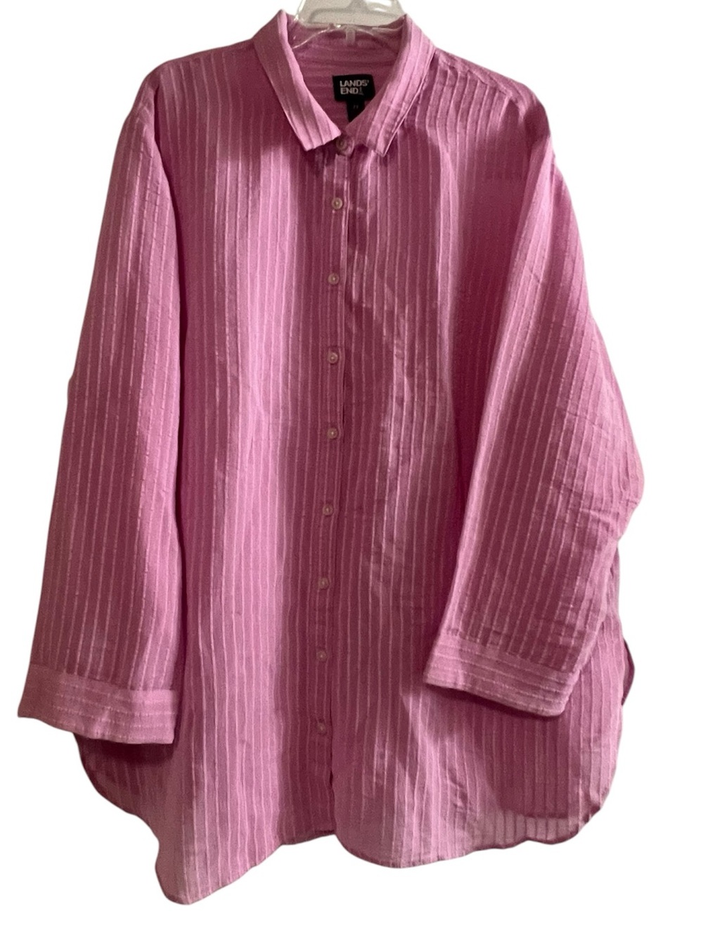 Lands' End Striped Long Sleeve Button-Up Shirt Pink 2X